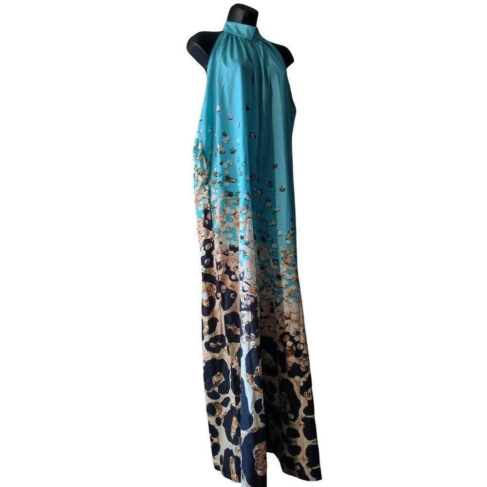 Turquoise Leopard Floral Mixed Print High Neck Wide Leg Jumpsuit with Pockets XL